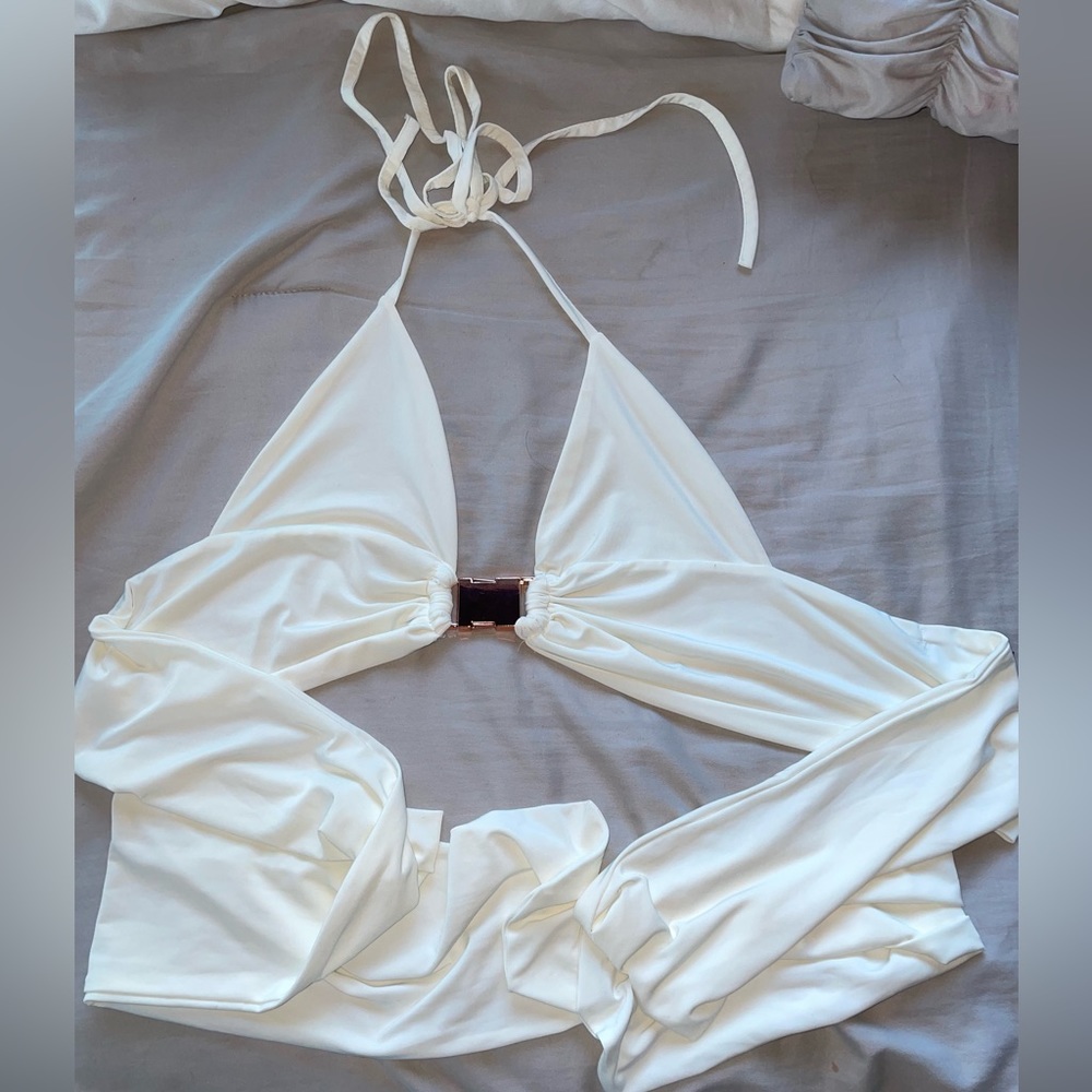 White Wrap Around Halter Buckle Top / Size: Medium